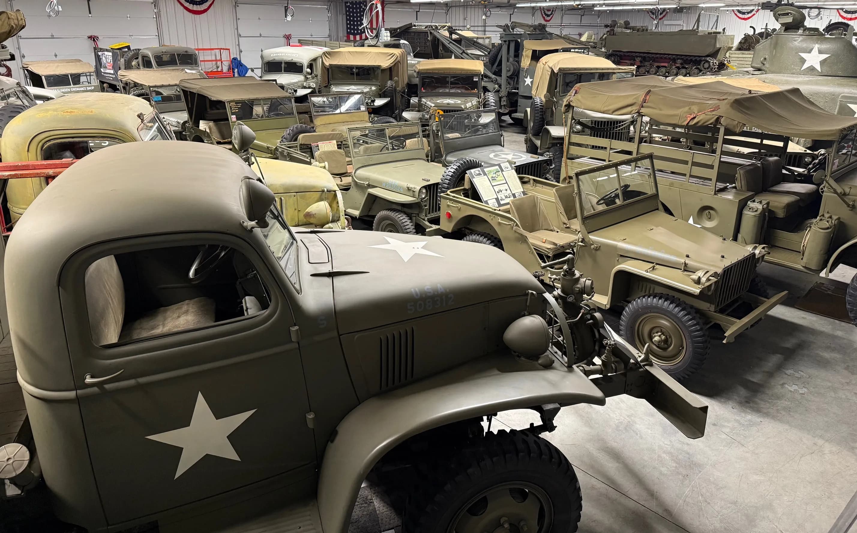 Aerial view of the museum Motor Pool with restored WWII vehicles